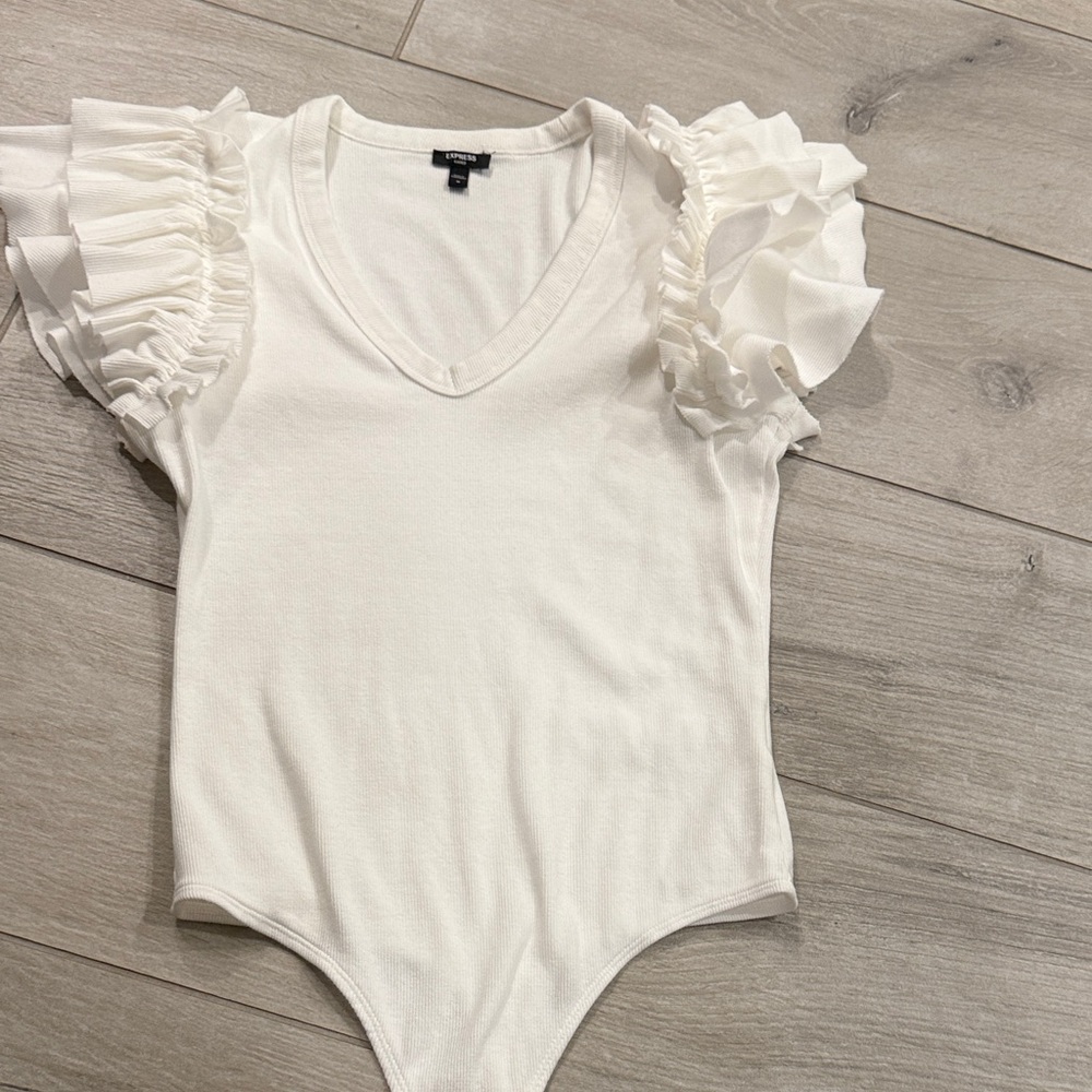 Express White Ruffled Sleeve body suit